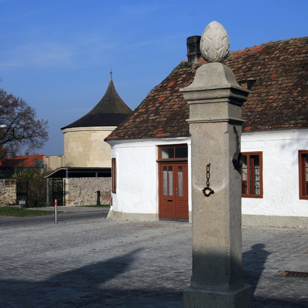 Каменный столб на улице в городе Гайнберг, Австрия