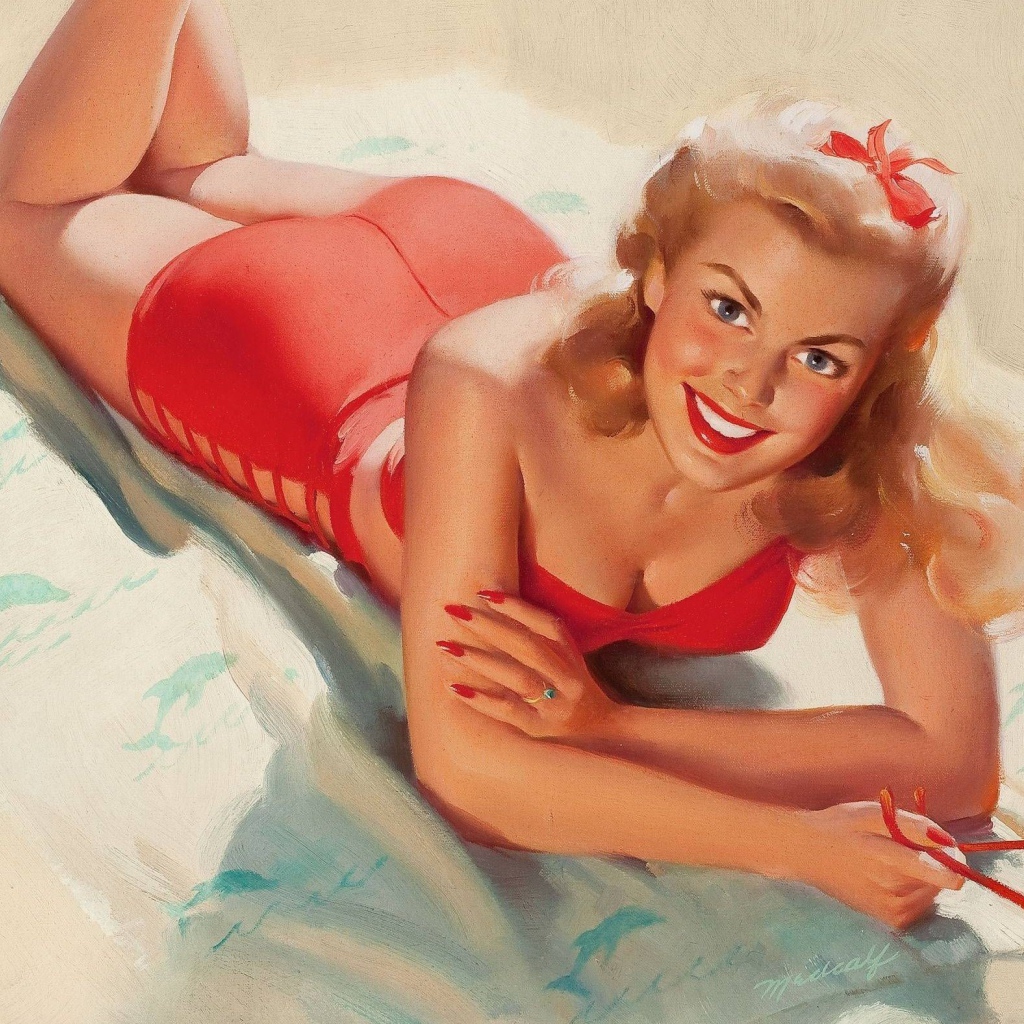 Девушка в красном купальнике, ретро