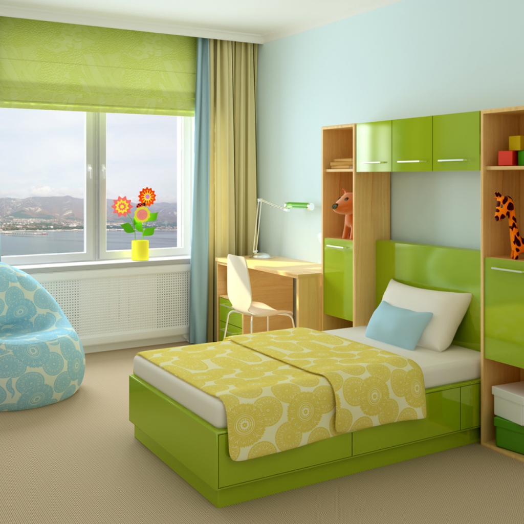 Зеленая кровать в детской комнате