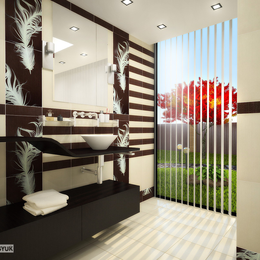 Красное дерево за окном ванной