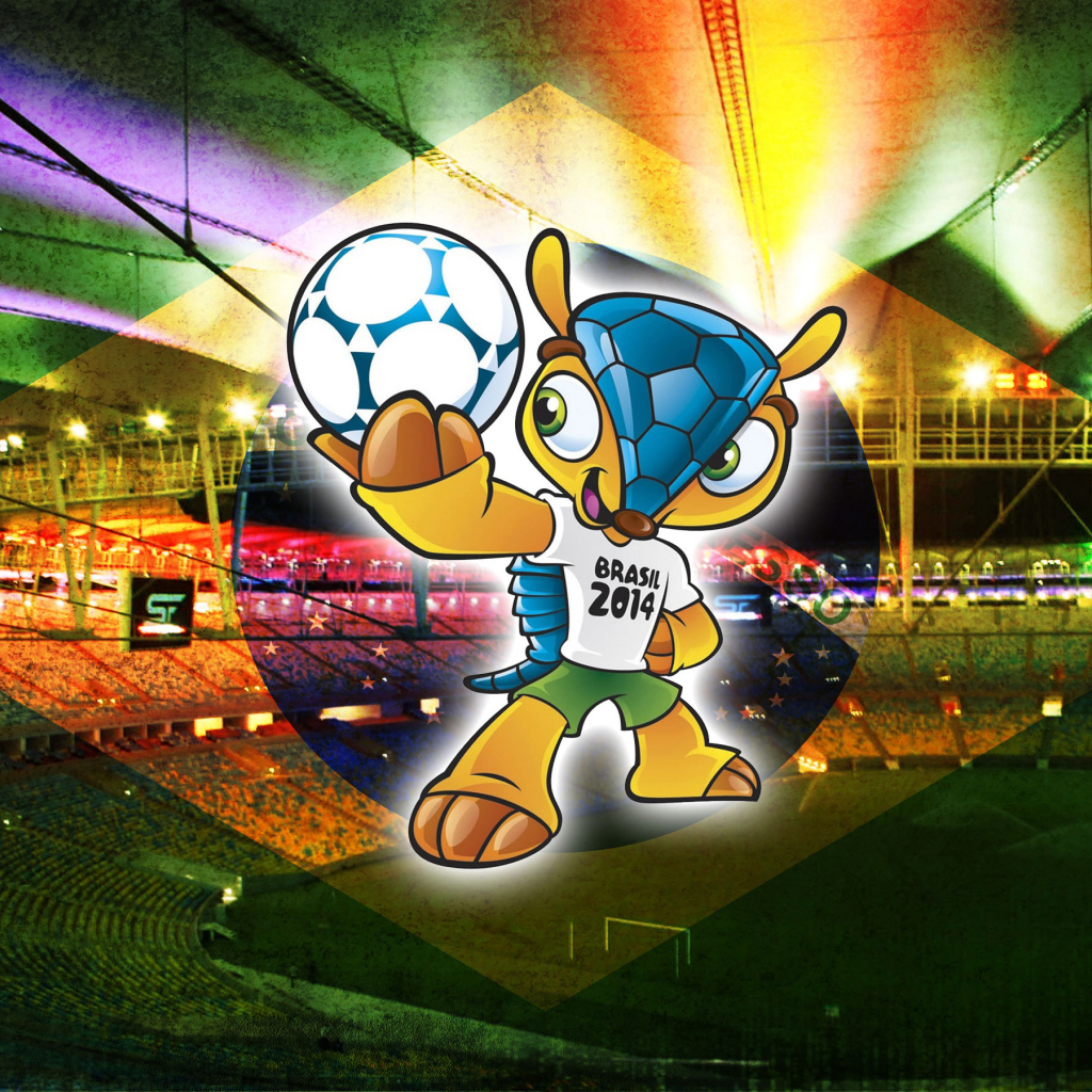 Талисман Чемпионата Мира по футболу в Бразилии 2014 на фоне стадиона