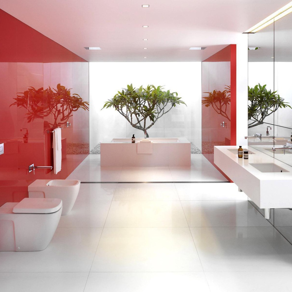 Красный цвет в оформлении ванной