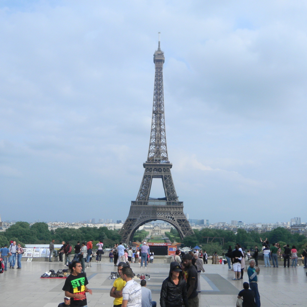Tourists near the Eiffel Tower in summer