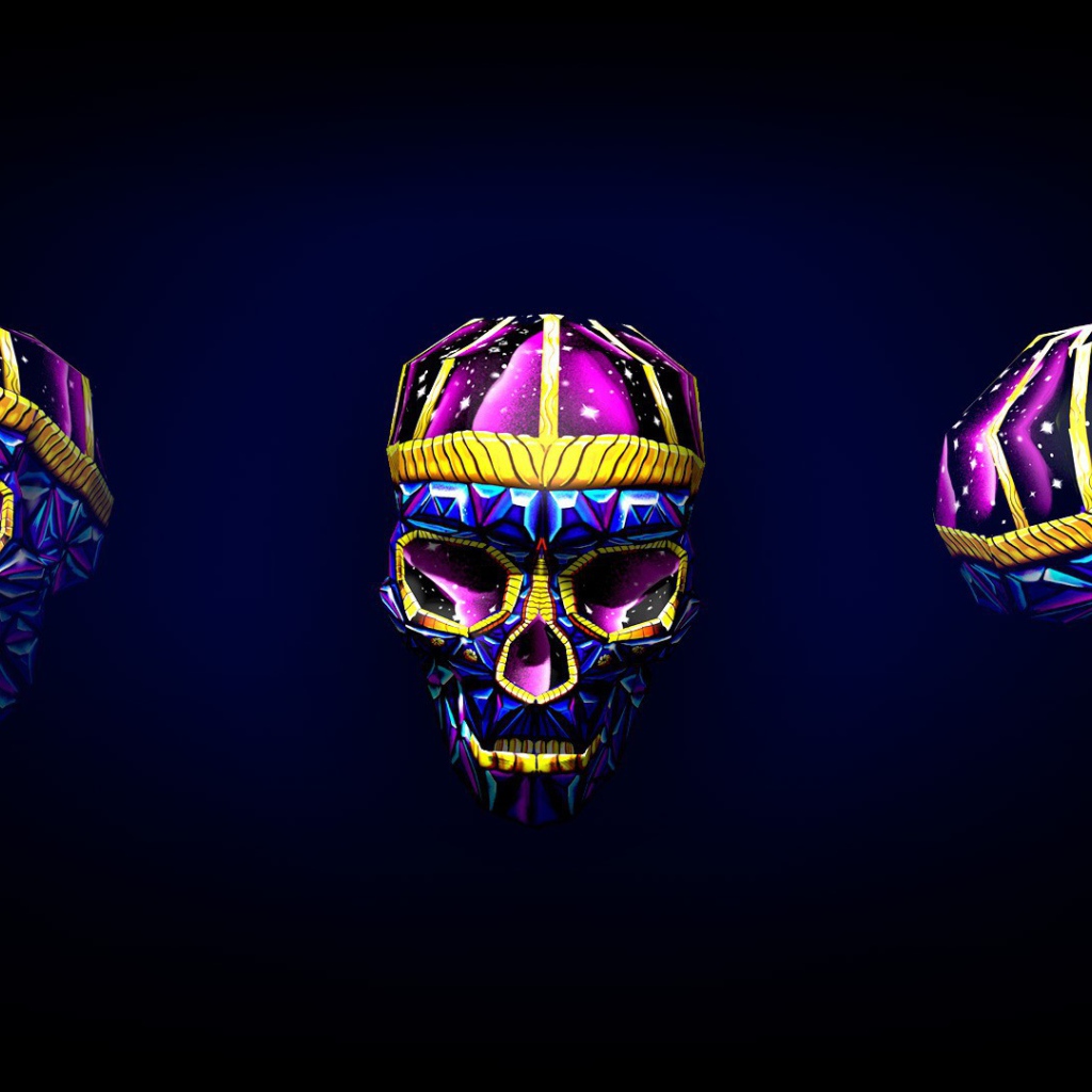 Яркие черепа на черном фоне, 3-Д графика