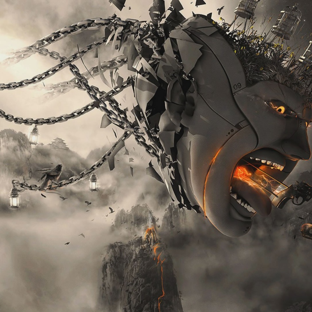 Летающая голова с цепями, 3-Д графика