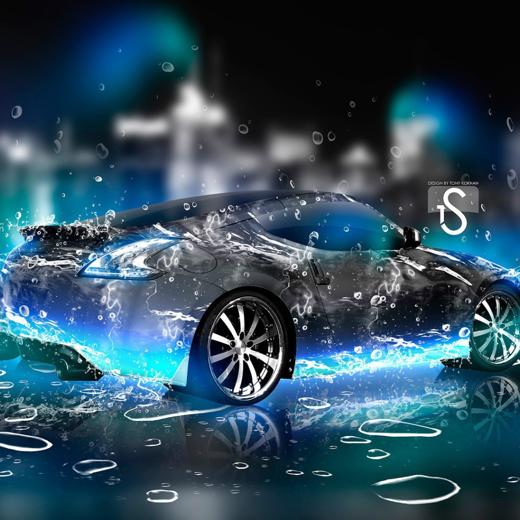 Ниссан в цифровых каплях воды