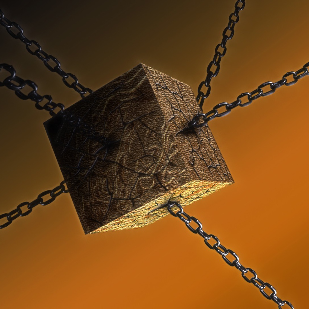 Деревянный куб на цепях