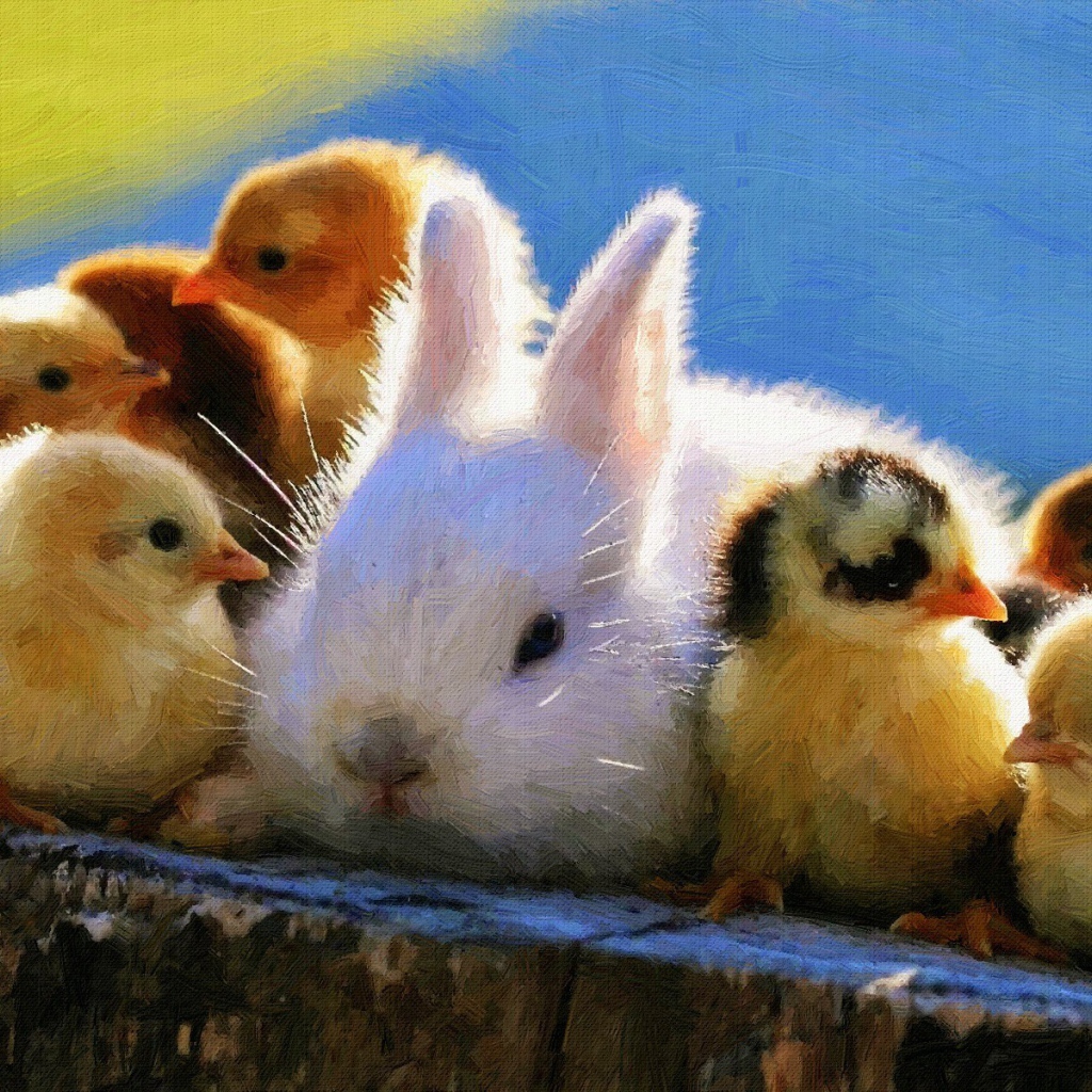 Кролик среди желтых цыплят