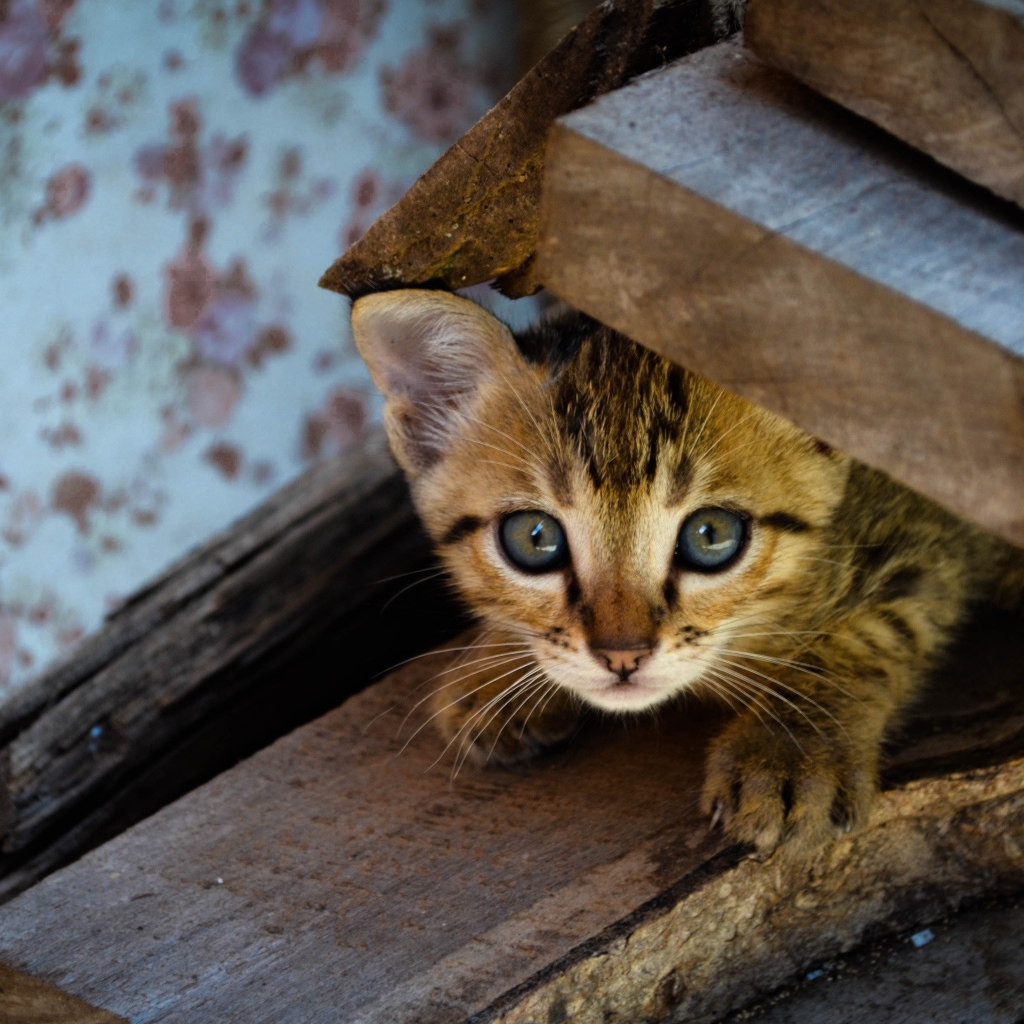 Коричневый котенок под досками