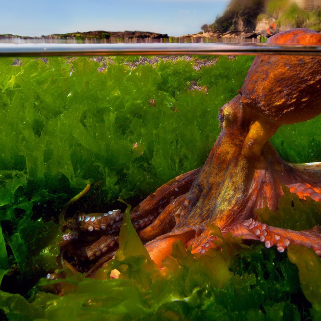 Осьминог в зарослях водорослей