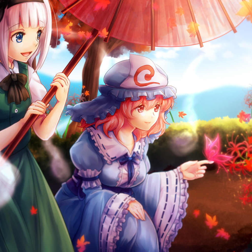 Пара девушек под зонтом в аниме Saigyouji Yuyuko