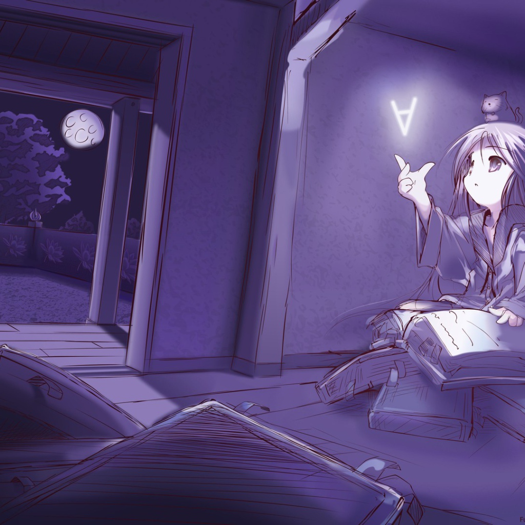 Девочка аниме ловит букву из книги