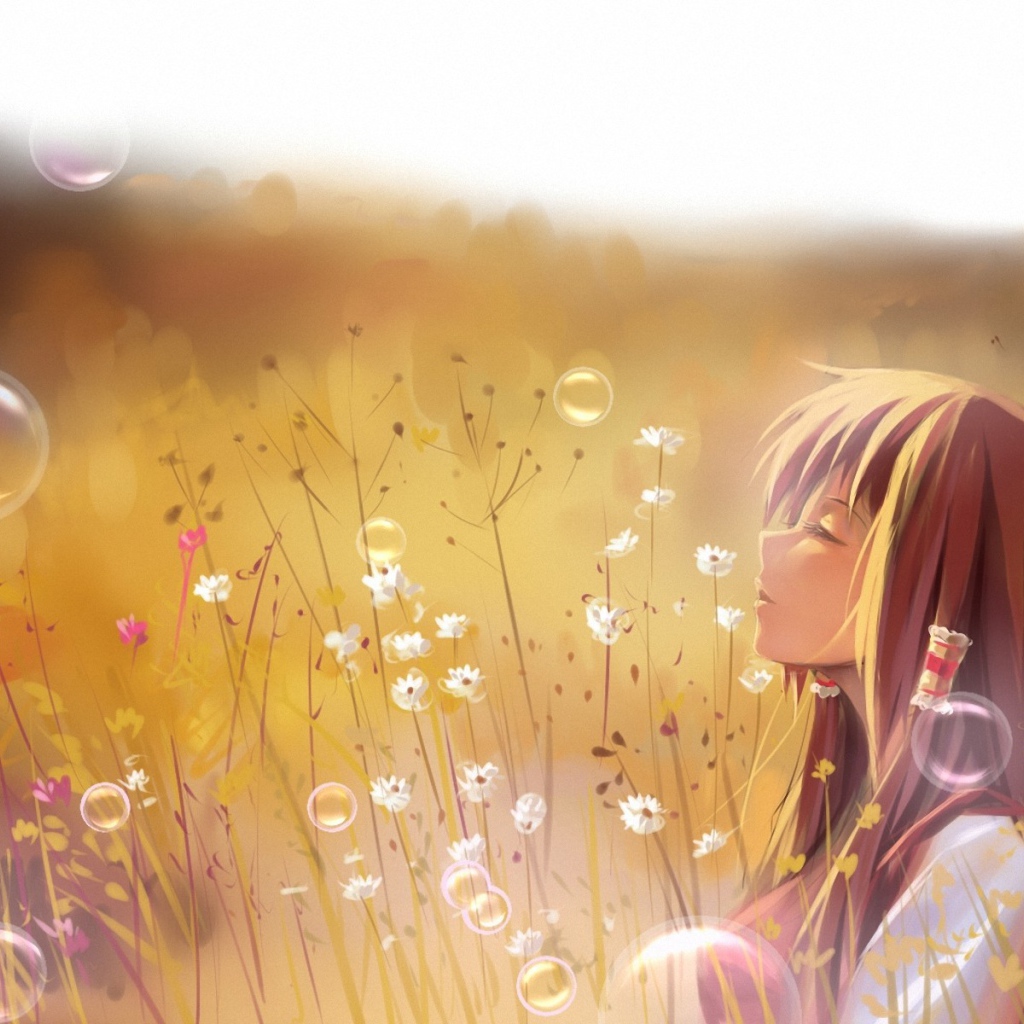 Девушка аниме на природе среди мыльных пузырей