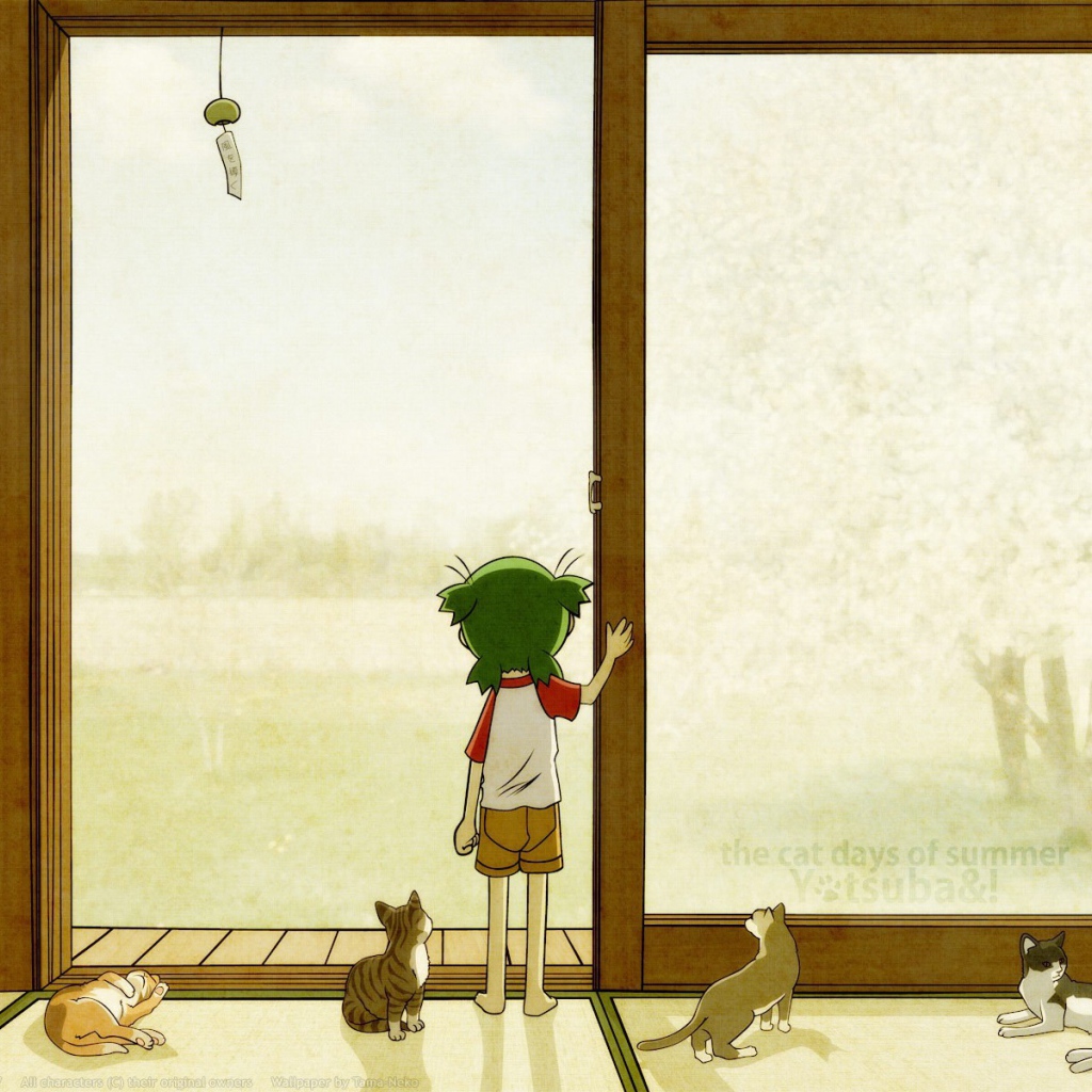 Девочка аниме с котами смотрит в окно