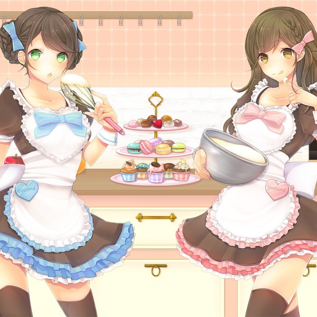 Девушки аниме пекут торт на кухне