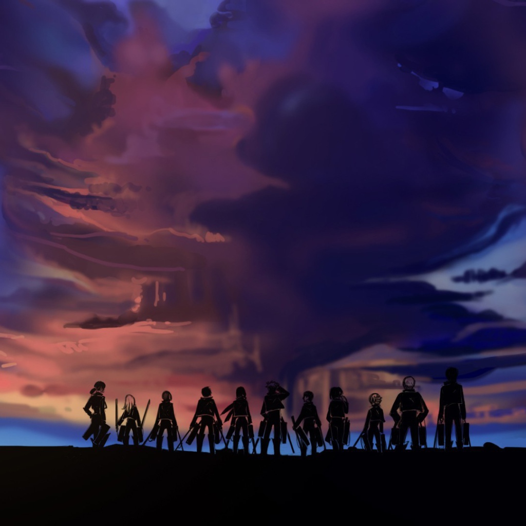 Герои аниме Атака Титанов на фоне облаков