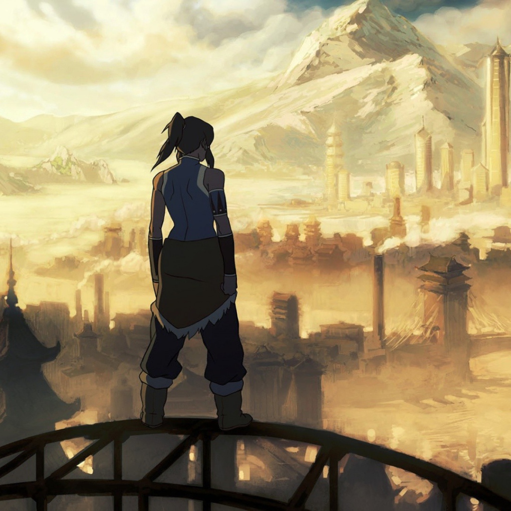 Персонаж аниме Легенда о Корре смотрит на горы