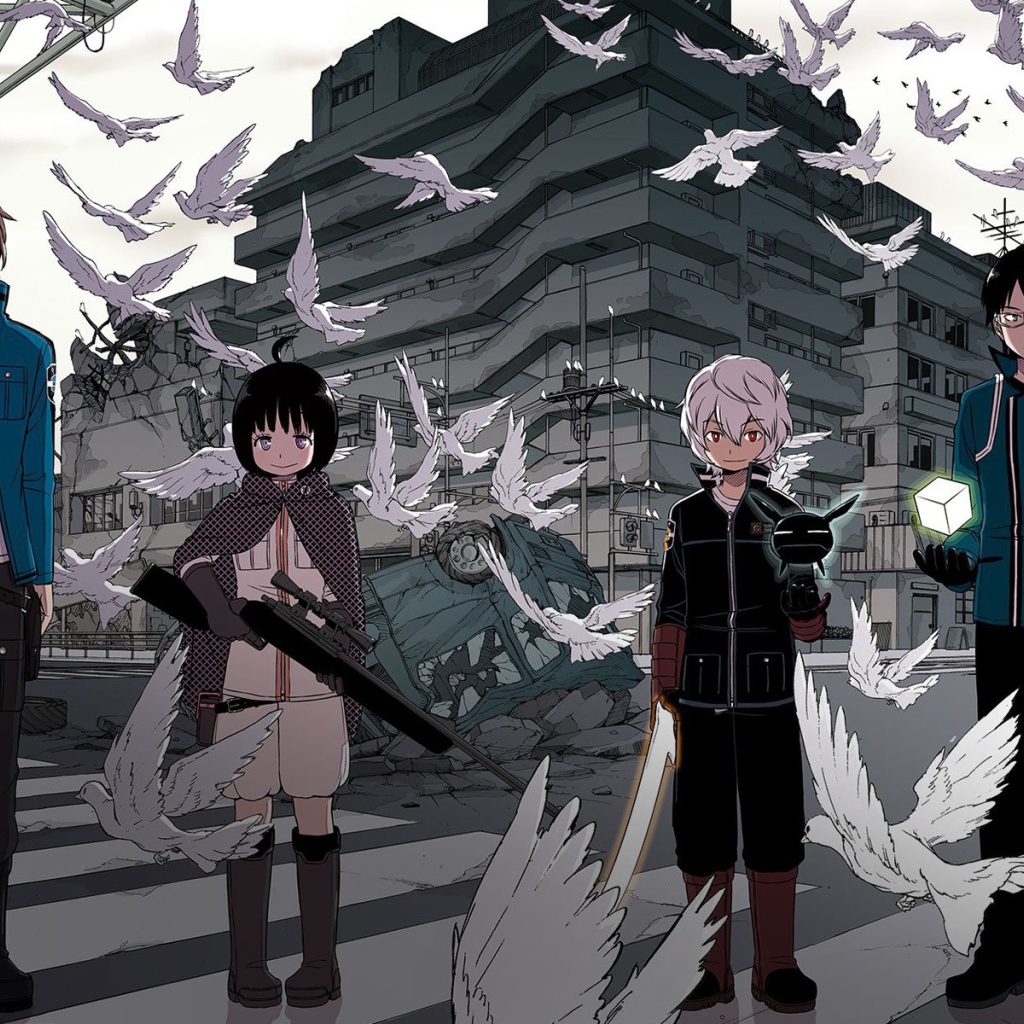 Аниме персонажи с оружием среди голубей
