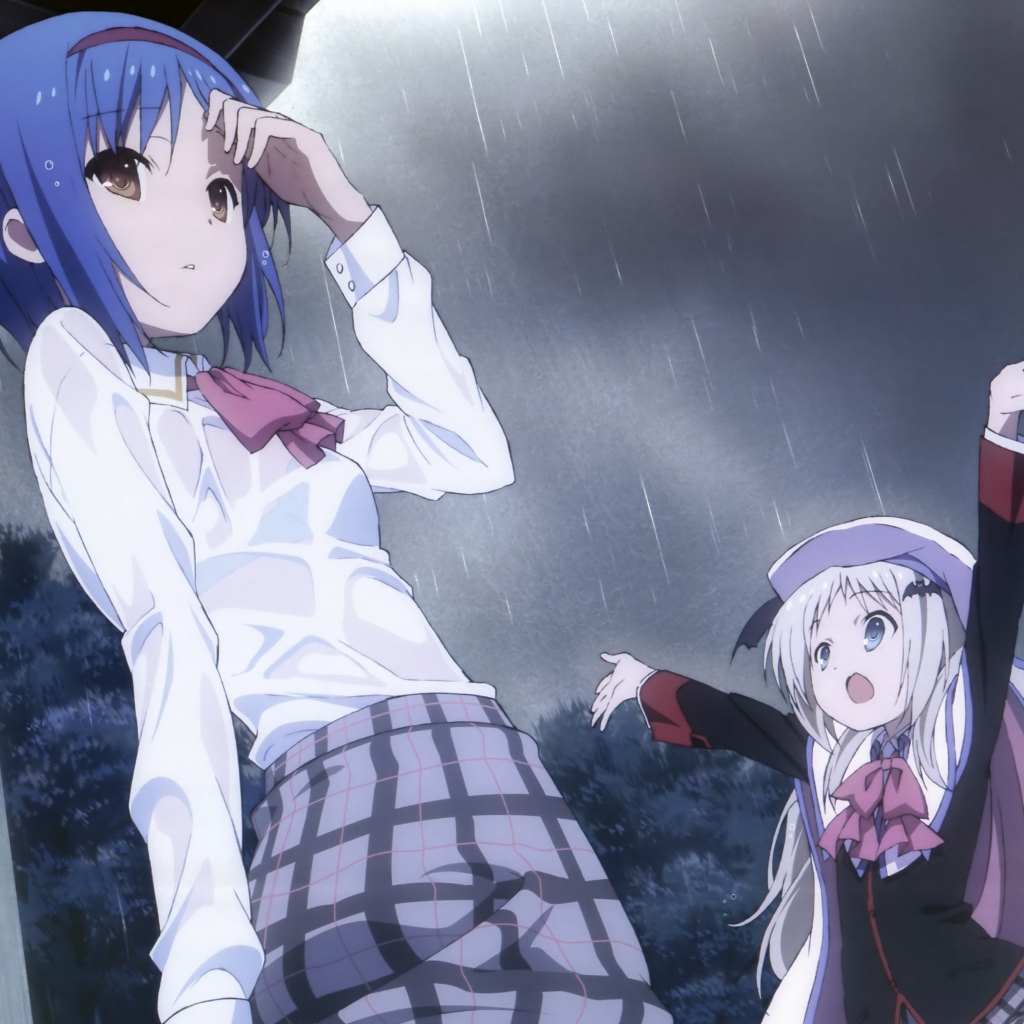 Аниме девушки Маленькие проказники под дождем