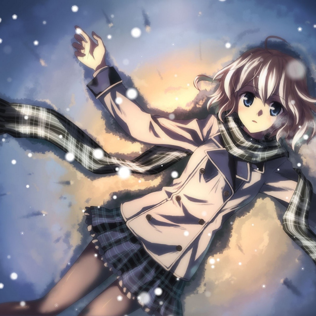 Аниме девушка Тацуя Юкки лежит на снегу