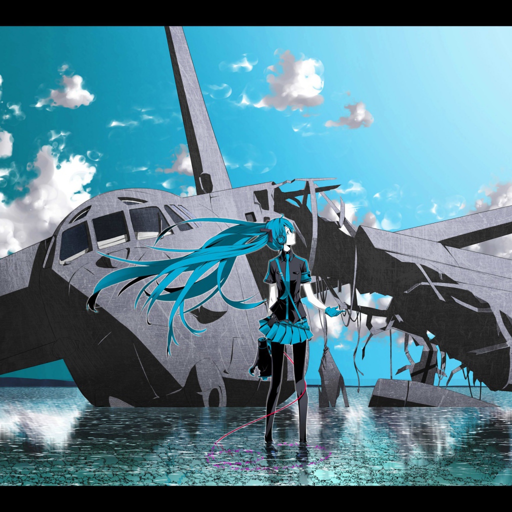 Аниме девушка у рухнувшего самолета