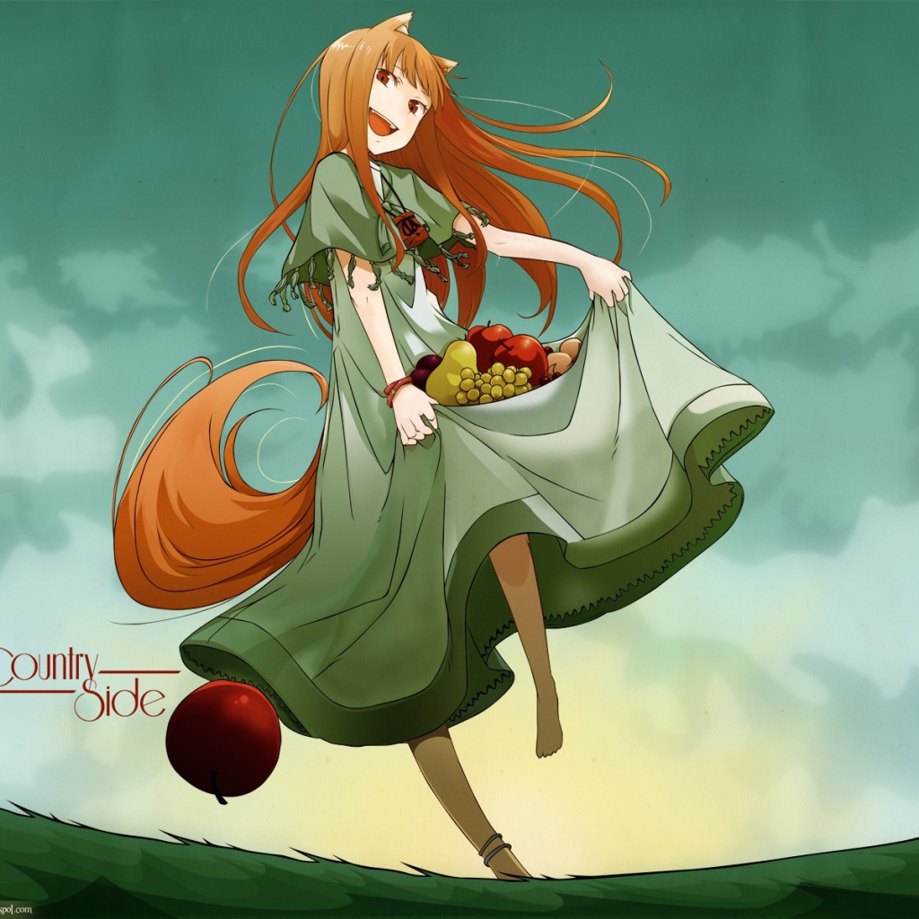 Девушка аниме несет в подоле фрукты