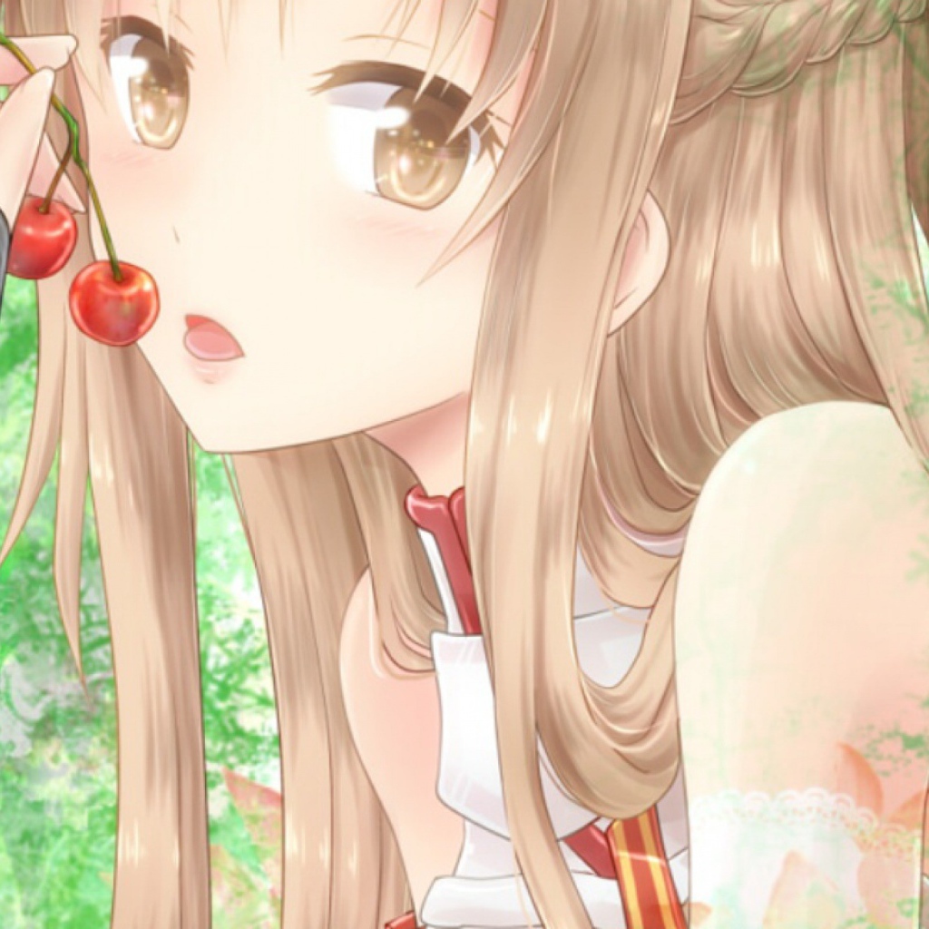Аниме девушка Yuuki Asuna кушает вишни