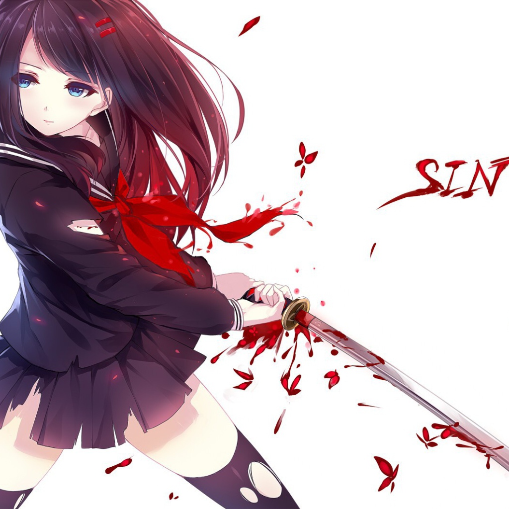 Девушка аниме держит катану с каплями крови