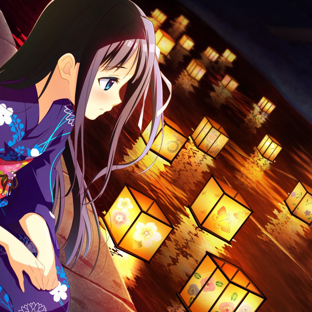 Аниме девушка в кимоно смотрит на фонарики