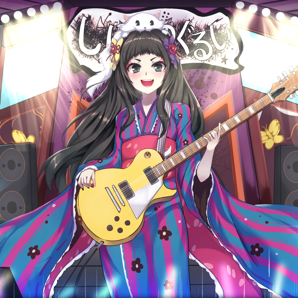 Девушка аниме в кимоно с гитарой