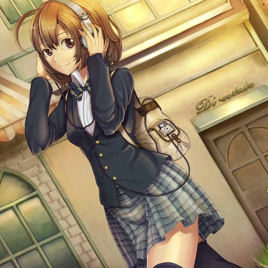 Аниме девушка в наушниках с рюкзаком