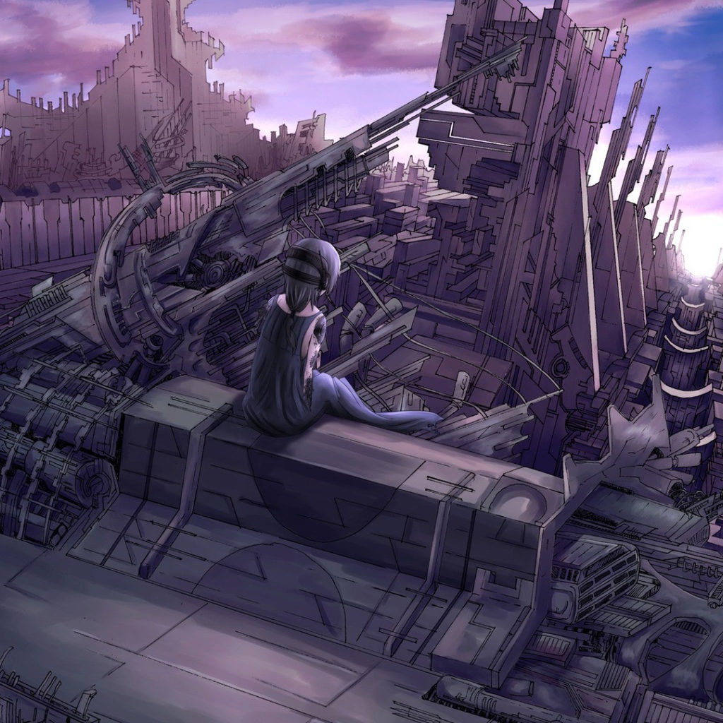 Девушка аниме смотрит на руины города