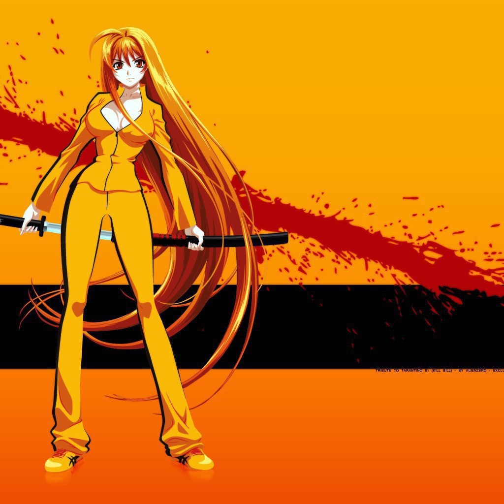 Аниме девушка на оранжевом фоне с катаной