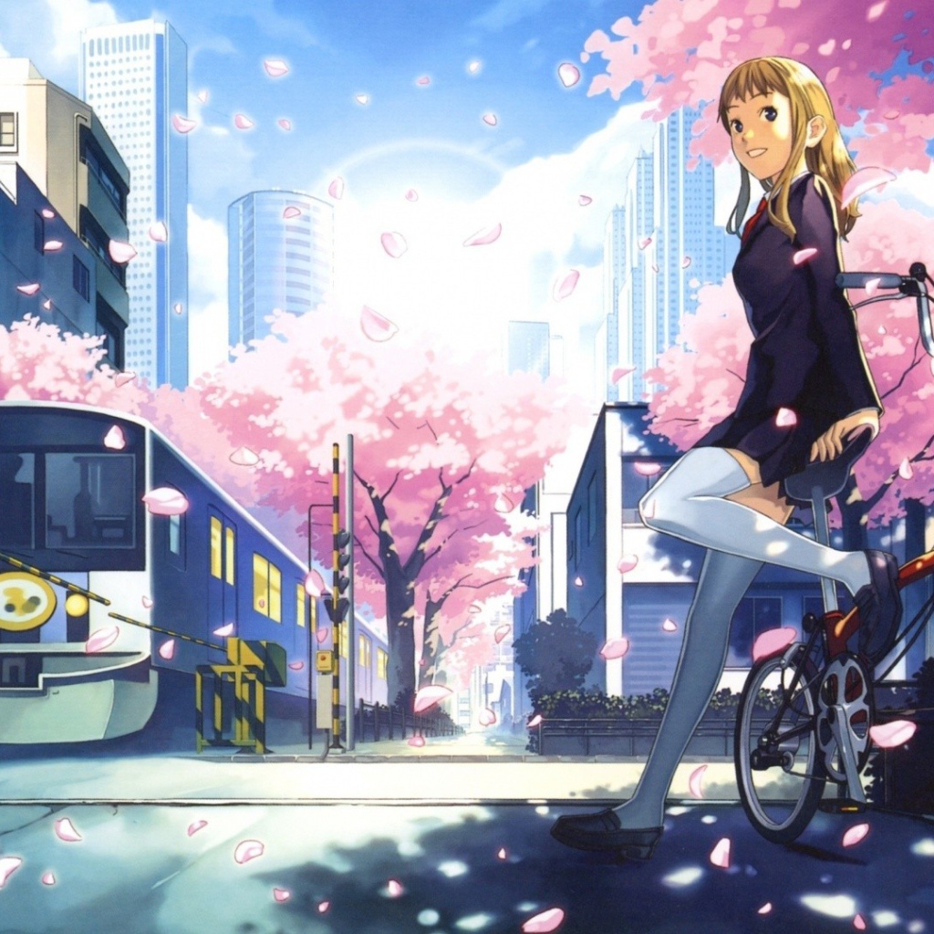 Аниме девушка на велосипеде у переезда