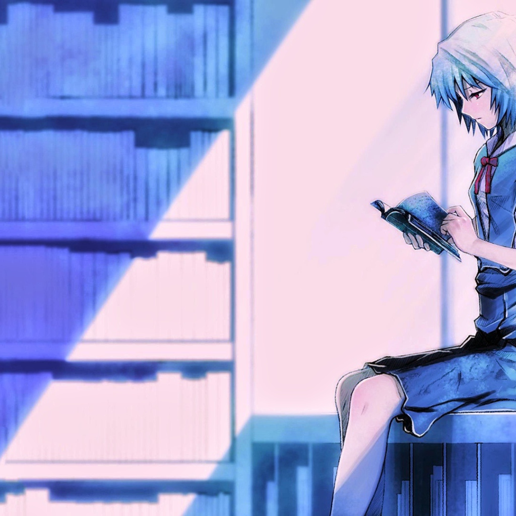 Девушка аниме Рей Аянами читает книгу