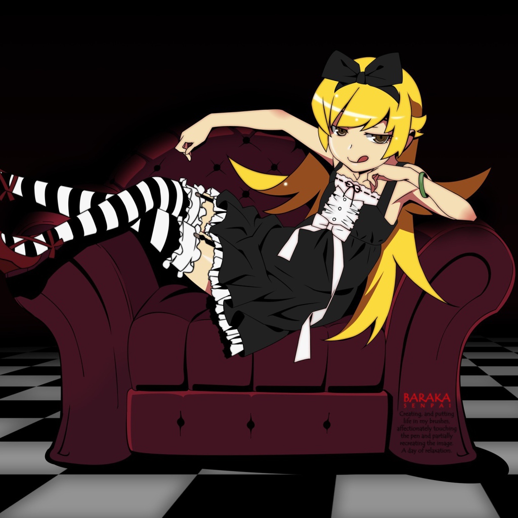 Девушка аниме Ошино сидит на кресле