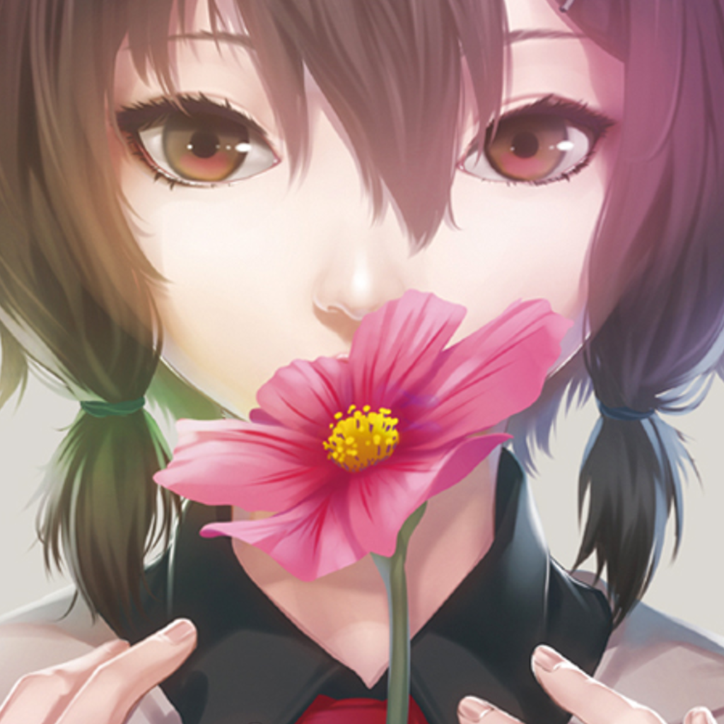 Девушка аниме нюхает розовый цветок