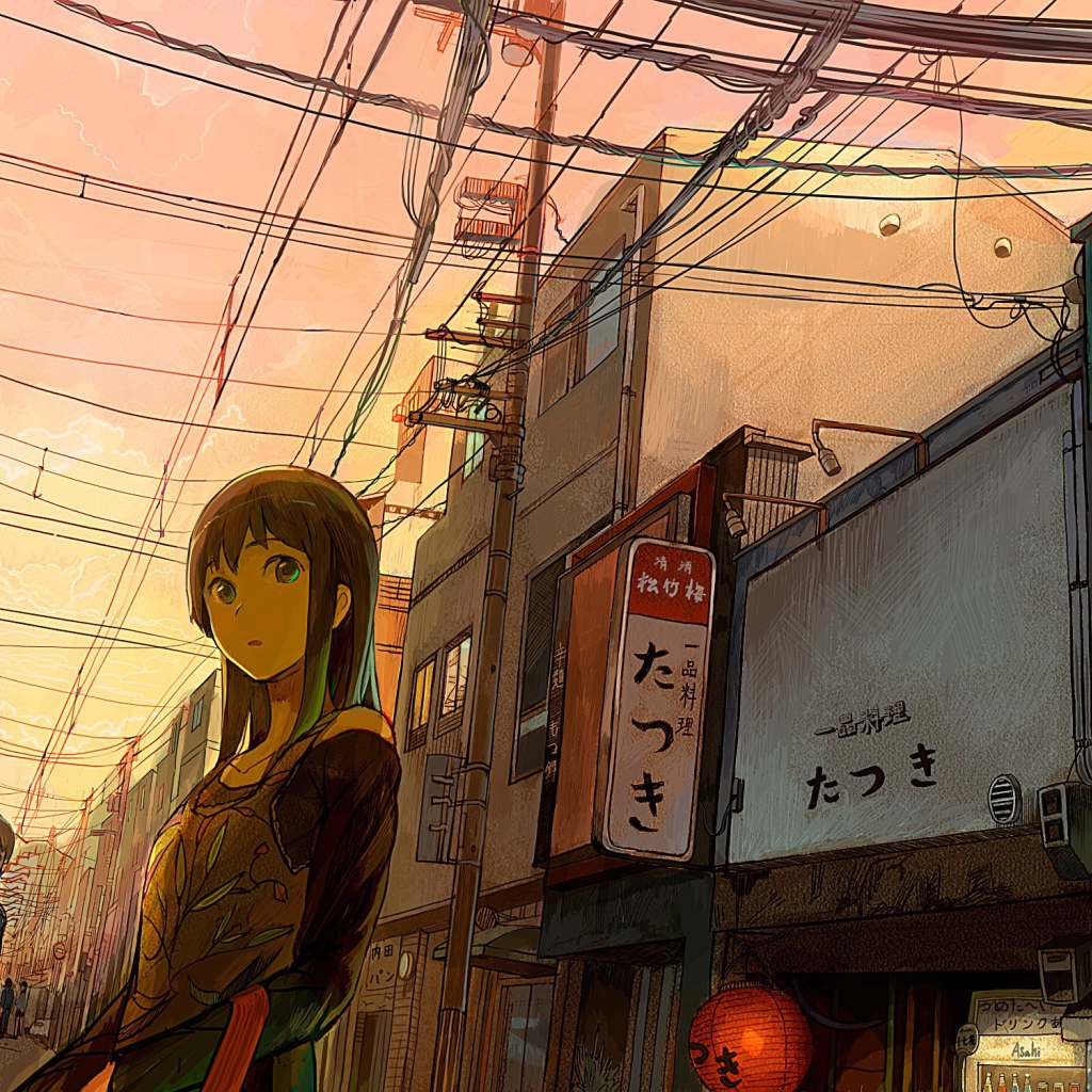 Девушка аниме гуляет по городу