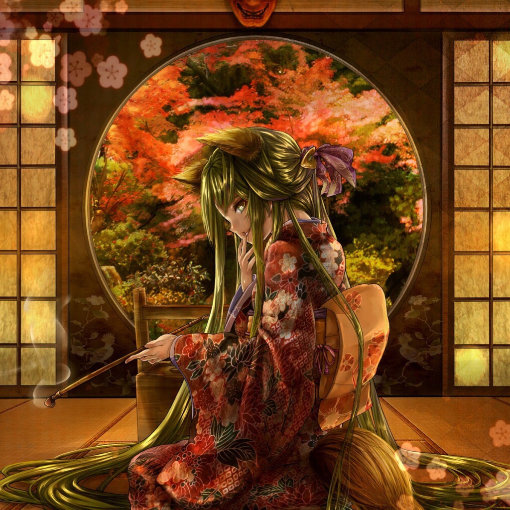 Аниме девушка с горящей бамбуковой палочкой