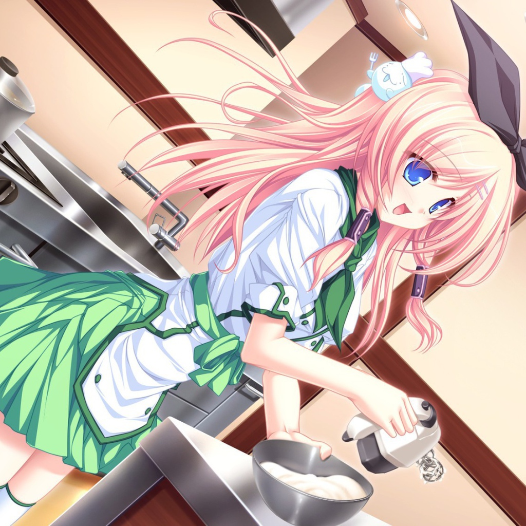 Девушка аниме с миксером на кухне