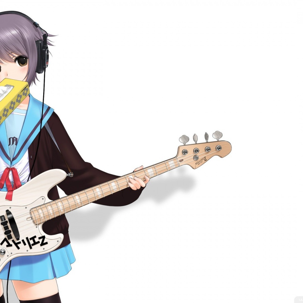 Девушка аниме с гитарой и в наушниках