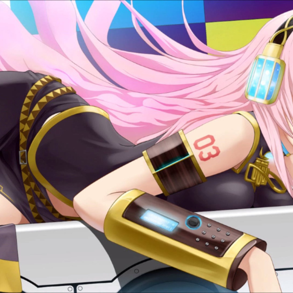 Аниме девушка с розовыми волосами в голубых наушниках, вокалоид