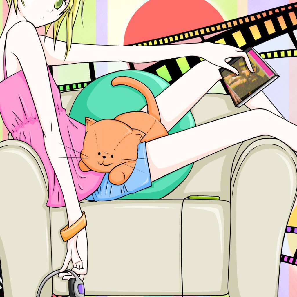 Девушка аниме с рыжим котом на коленях