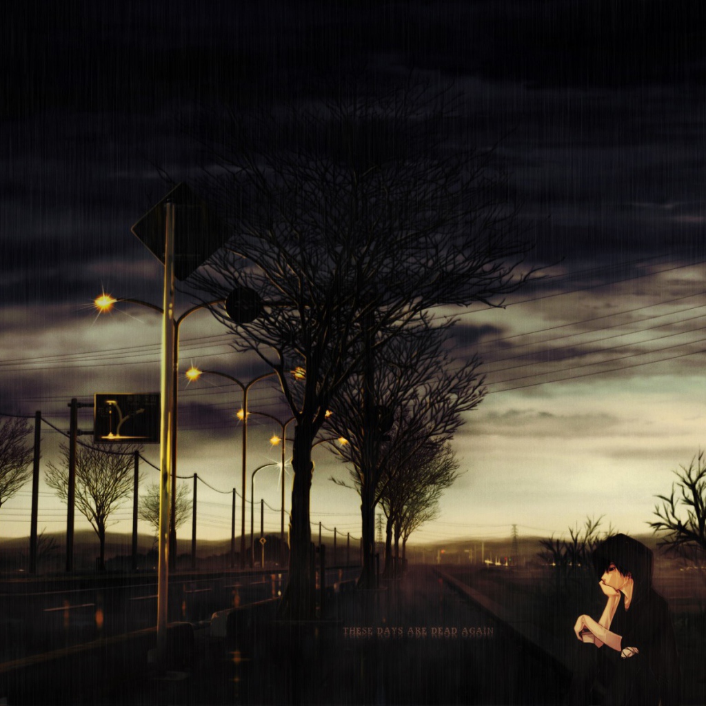 Парень аниме грустит у дороги под дождем