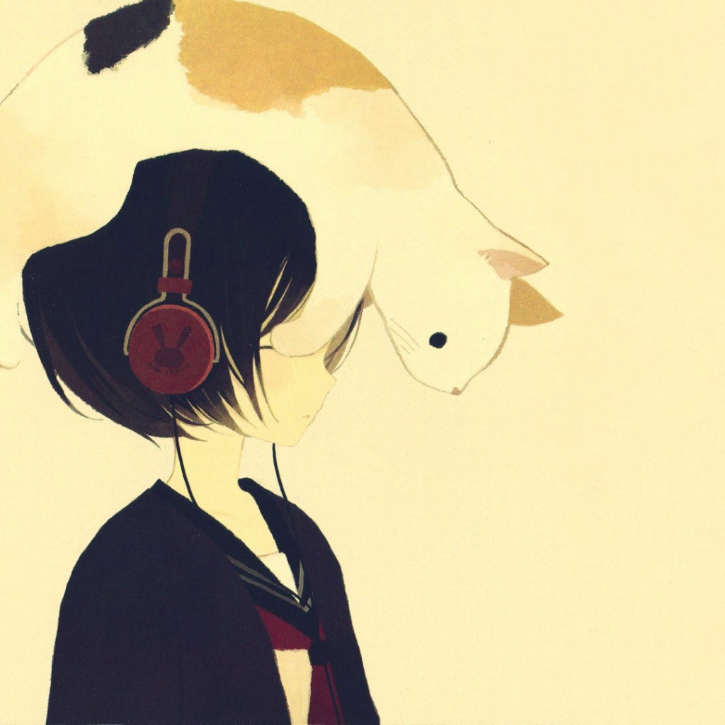 Кот на голове девушки аниме