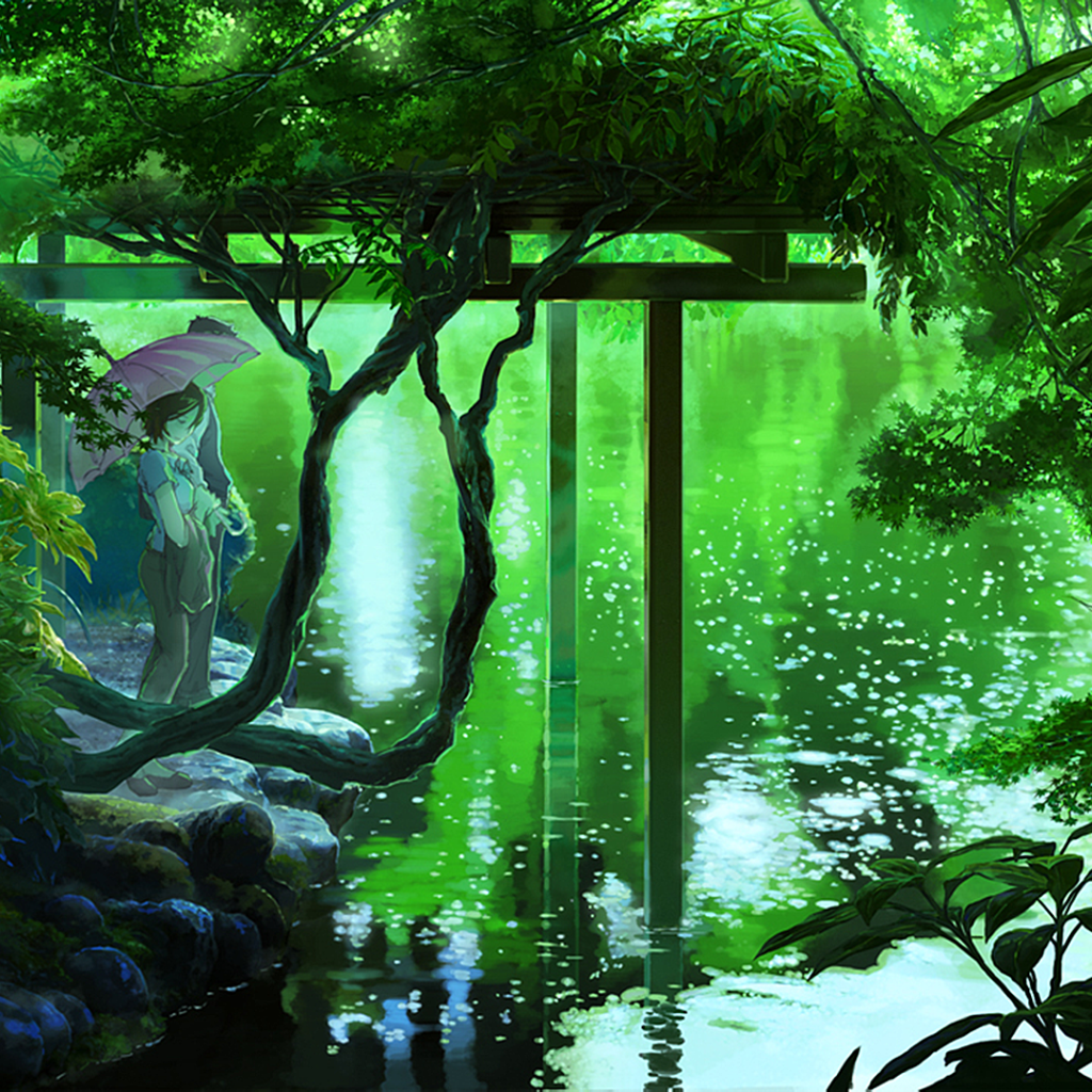 Couple near the river, anime Garden of Words Desktop wallpapers 1024x1024