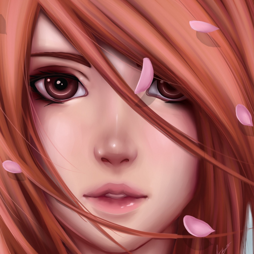 Лицо девушки аниме в лепестках сакуры