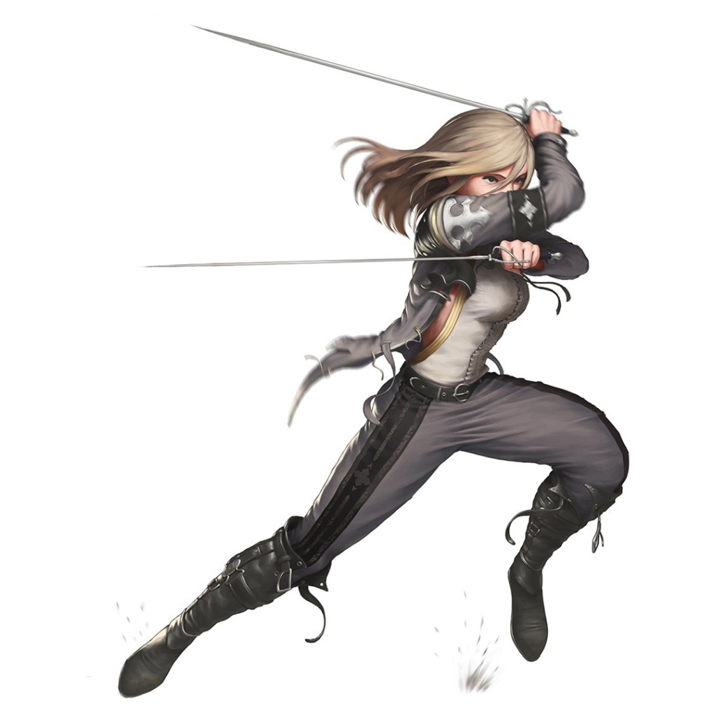 Девушка фехтует рапирами на белом фоне, аниме