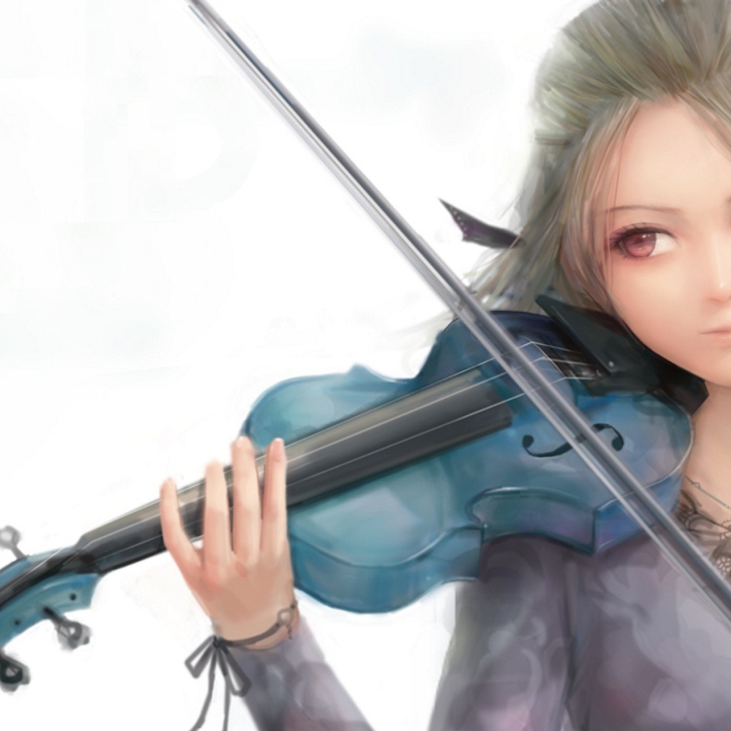 Девушка играет на голубой скрипке, рисунок