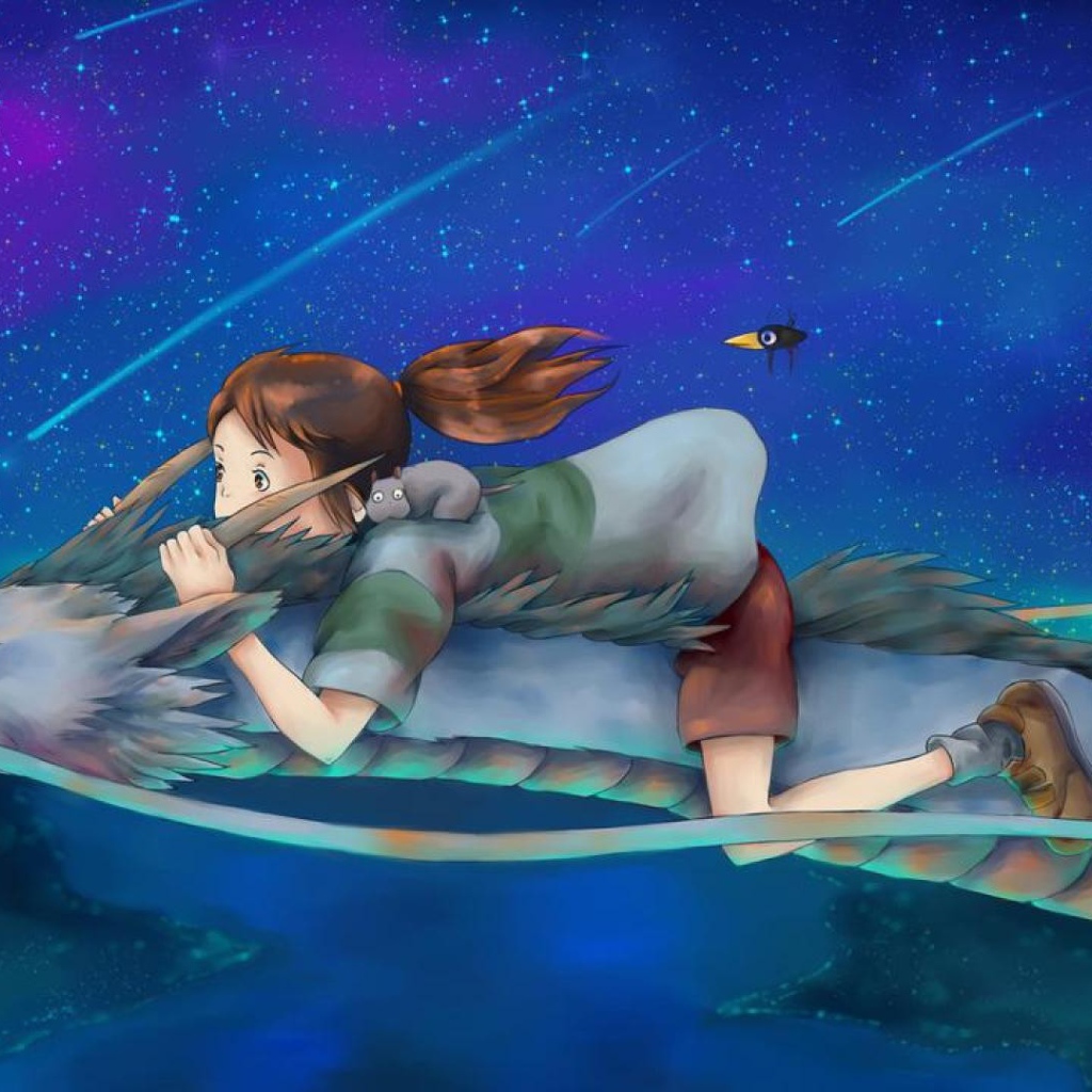 Девочка верхом на драконе в аниме Унесённые призраками